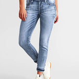 Vaqueros ajustados para mujer – Denim elástico – Bordados – Largo hasta el tobillo – Estilo casual