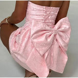 Vestido corto de mujer – Sin tirantes – Escote corazón – Jacquard – Lazo en la espalda