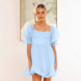 Vestido mini de mujer – Mangas abullonadas – Escote cuadrado – Falda acampanada – Tejido fluido