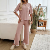 Conjunto de estar por casa para mujer – Punto suave – Corte holgado – Pantalones anchos – Ribetes en contraste