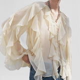Blusa de mujer – Tejido ligero y transpirable – Cuello en V – Corte holgado – Volantes en capas – Mangas largas