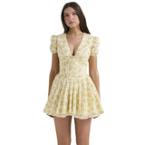 Vestido corto de mujer – Corte evasé – Mangas abullonadas – Cuello en pico – Estampado floral
