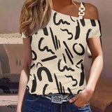 Camiseta de manga corta para mujer – Corte holgado – Hombros descubiertos – Estampado geométrico – Algodón