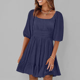Vestido evasé para mujer – Algodón ligero – Mangas abullonadas – Escote cuadrado – Bajo con volantes