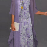 Conjunto de vestido de gasa para mujer: corte fluido, estampado floral y capas asimétricas.