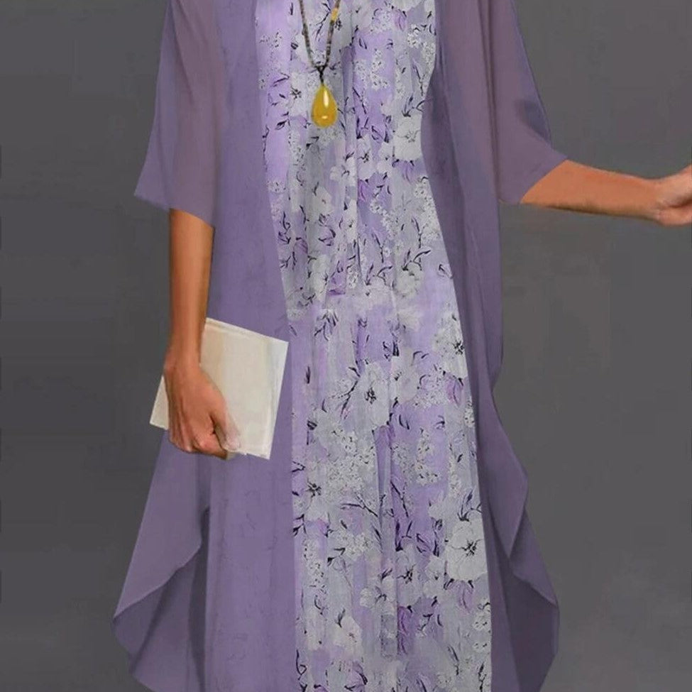 Conjunto de vestido de gasa para mujer: corte fluido, estampado floral y capas asimétricas.