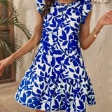Kiera - Vestido de verano para mujer - Mangas con volantes - Estampado de hojas - Bajo con volantes - Estilo playero