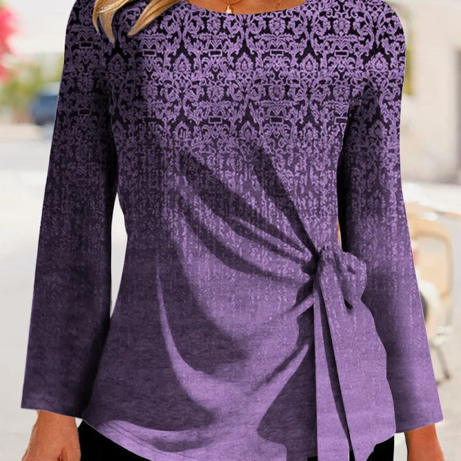 Camiseta de manga larga para mujer – Corte holgado – Detalle de lazo lateral – Tejido suave y transpirable