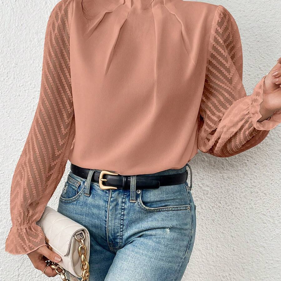 Blusa de mujer – Corte holgado – Cuello alto plisado – Mangas largas en voile de espiga
