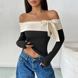 Top corto de mujer – Corte ajustado – Hombros descubiertos – Mangas largas – Lazo decorativo
