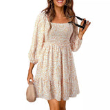Vestido evasé para mujer – Algodón ligero – Mangas abullonadas – Cuello redondo – Estampado floral