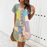 Vestido de mujer – Corte holgado – Cuello en pico – Manga corta – Estampado geométrico