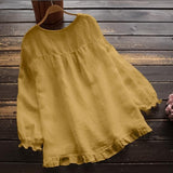 Blusa de mujer – Corte holgado – Mangas largas – Lino de algodón – Volantes elegantes