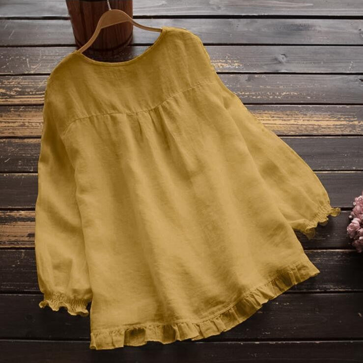 Blusa de mujer – Corte holgado – Mangas largas – Lino de algodón – Volantes elegantes