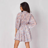 Vestido corto de mujer – Gasa ligera – Escote en pico – Cintura fruncida – Mangas abullonadas