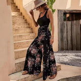 Mono de mujer – Sin mangas – Estampado floral – Cintura con cinturón – Piernas anchas