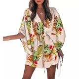 Vestido floral con mangas kimono para mujer - Abotonado en la parte delantera - Cinturón en la cintura