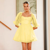 Vestido mini de mujer – Mangas abullonadas – Escote cuadrado – Falda acampanada – Tejido fluido