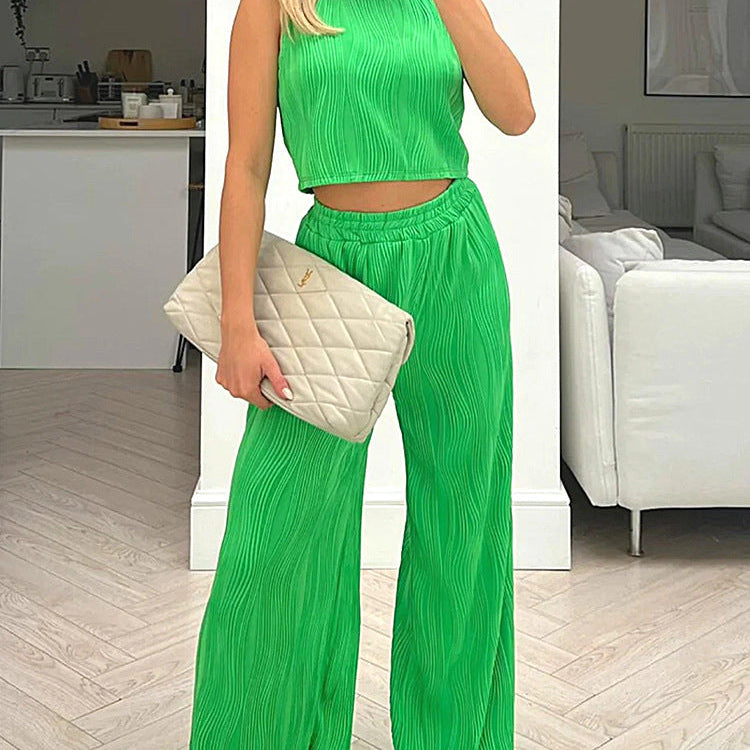 Conjunto de dos piezas para mujer: top corto ajustado sin mangas y pantalón recto de cintura alta