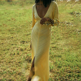 Vestido largo de mujer – Punto fino – Corte entallado – Abertura alta – Escote en pico