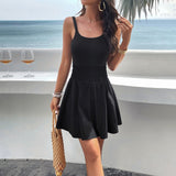 Vestido de verano para mujer – Corte entallado – Tirantes finos – Cintura fruncida – Falda corta acampanada