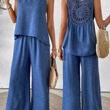 Conjunto de dos piezas para mujer: lino, top de crochet sin mangas y pantalón ancho de cintura alta.