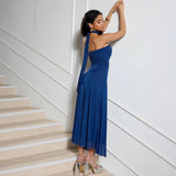 Vestido de noche para mujer – Corte entallado – Cuerpo plisado – Tul fluido – Largo completo