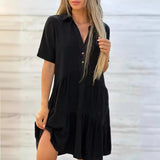 Vestido casual de mujer – Corte holgado – Mangas cortas – Cuello camisero – Fibras naturales