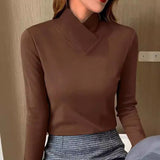 Top de mujer - Jersey elástico - Corte ajustado - Mangas largas - Cuello alto asimétrico