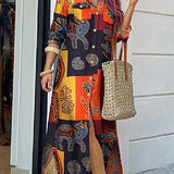 Vestido largo estampado de mujer con cuello abotonado y mangas largas.
