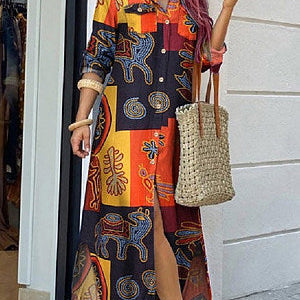 Vestido largo estampado de mujer con cuello abotonado y mangas largas.