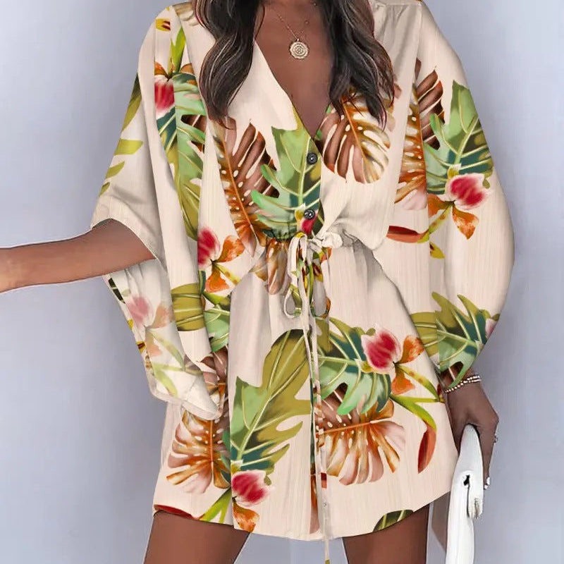 Vestido de mujer – Minivestido fluido – Mangas de mariposa – Escote en pico – Cintura con lazo