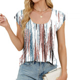 Top bohemio para mujer – Corte relajado – Textura de algodón – Cuello redondo – Mangas cortas