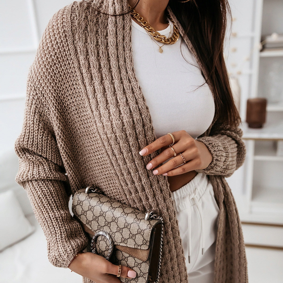 Cárdigan largo para mujer – Corte oversize – Punto texturizado – Parte delantera abierta
