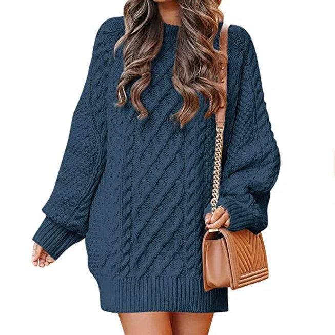 Vestido de suéter para mujer – Corte extragrande – Punto trenzado – Largo hasta la rodilla – Mangas largas