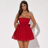 Vestido mini de mujer – Sin tirantes – Corte entallado – Tul brillante – Falda acampanada