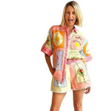 Conjunto de camisa y pantalón corto para mujer – Corte holgado – Cintura alta con cinturón – Bordado