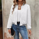 Chaqueta bomber para mujer – Tejido acolchado texturizado – Cuello alto – Corte holgado – Ribete de canalé