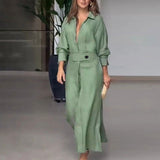 Vestido camisero de mujer – Lino – Corte entallado – Cuello en V – Mangas largas – Bajo asimétrico