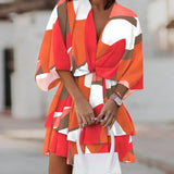 Vestido corto de mujer – Corte holgado – Cuello en V – Mangas murciélago – Estampado abstracto