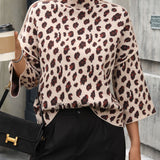 Suéter de mujer – Punto suave – Corte holgado – Cuello alto – Estampado de leopardo – Mangas 3/4