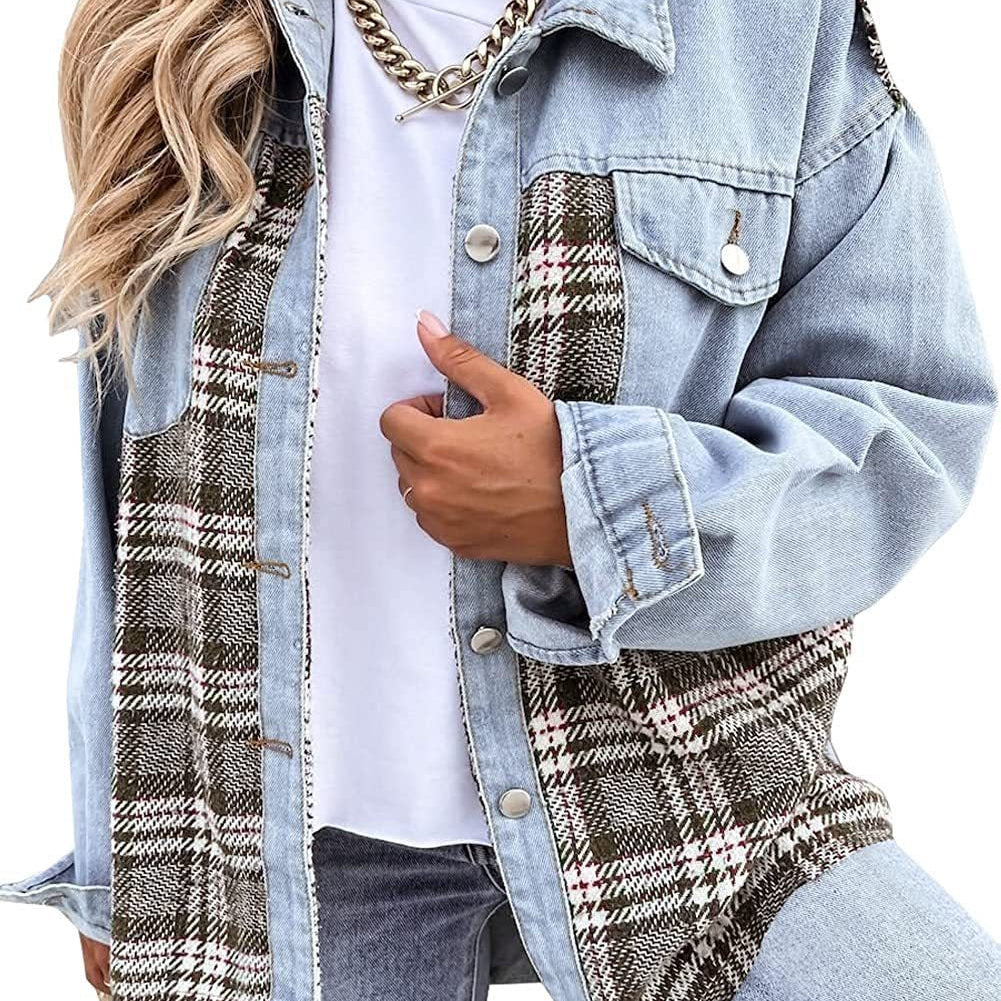 Chaqueta de mujer – Corte oversize – Paneles de mezclilla y cuadros – Mangas largas