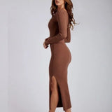 Vestido de punto para mujer – Corte entallado – Escote cuadrado – Mangas largas – Abertura lateral