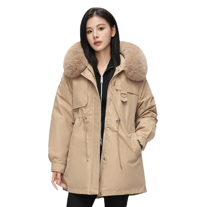 Chaqueta parka para mujer – Corte oversize – Capucha de piel sintética – Cintura ajustable