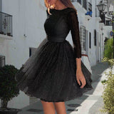 Vestido evasé para mujer – Tul ligero – Mangas 3/4 transparentes – Detalles brillantes
