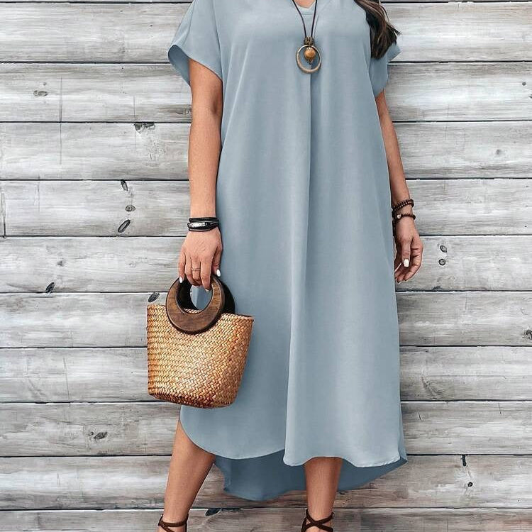 Vestido de mujer - Corte asimétrico holgado - Cuello en V elegante - Mangas cortas y sueltas
