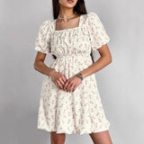 Vestido evasé para mujer – Algodón ligero – Mangas abullonadas – Estampado floral – Escote cuadrado