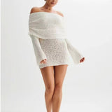 Vestido de playa para mujer – Punto ligero – Corte entallado – Hombros descubiertos – Mangas largas