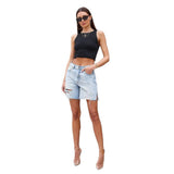 Shorts vaqueros para mujer – Corte holgado – Detalles desgastados – Aberturas laterales – Largo hasta la rodilla