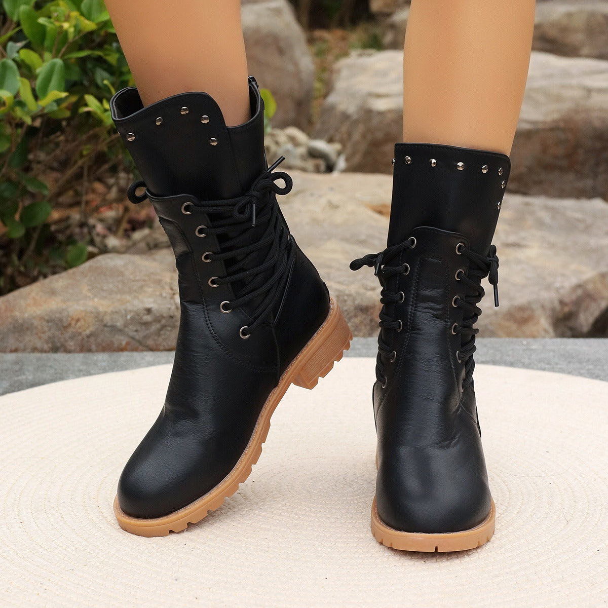 Botas de media caña para mujer – Piel sintética – Cordones – Tacón grueso – Suela con tacos